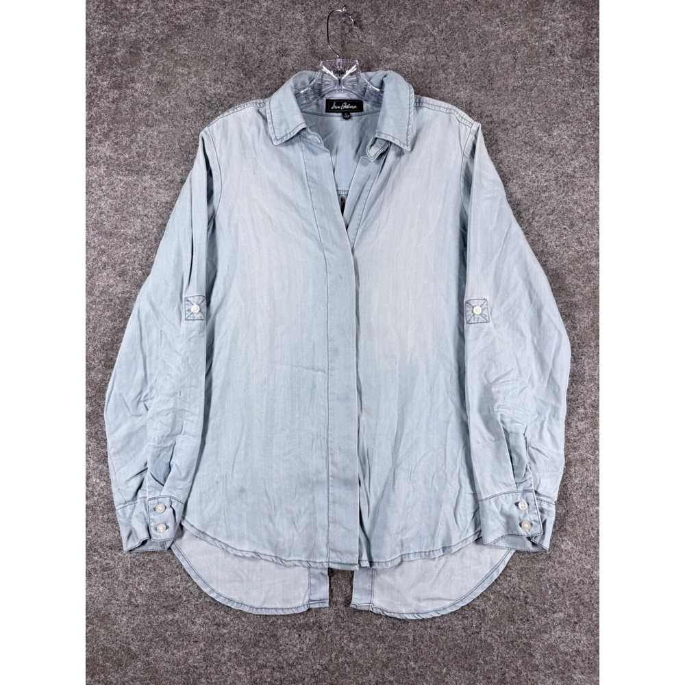 Sam Edelman Womens Medium Tencel Lyocell Shirt Light Blue Zip Back Stained